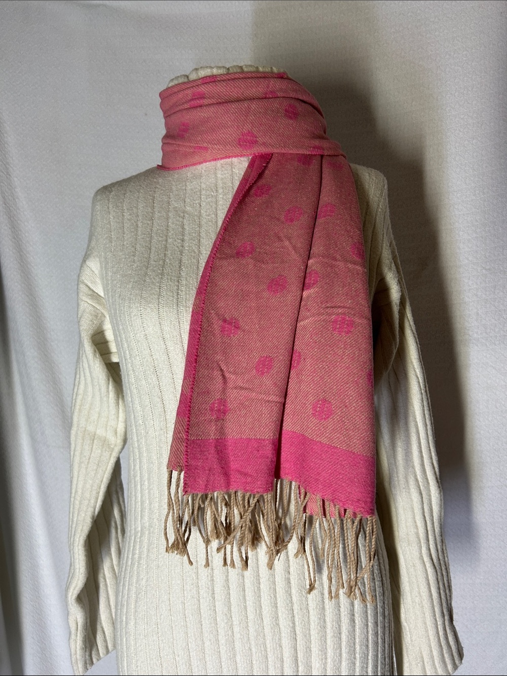 Pink Polka Dot Fringe Scarf - Women's Accessory